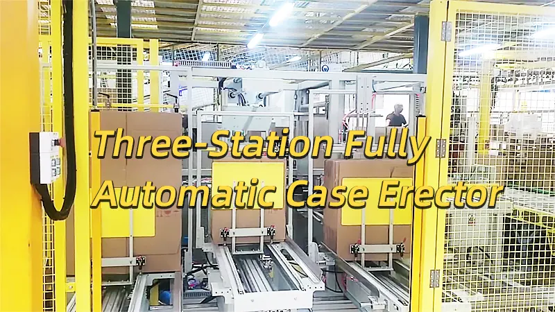 Three-Station Fully Automatic Case Erector, Fully Automatic Multi-Station Carton Storage, Nailing, and Case Erecting Machine