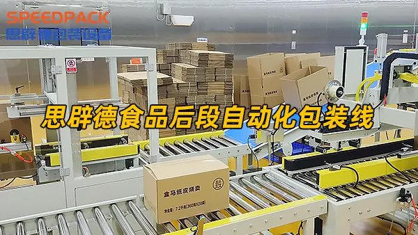 食品行业后道包装线：全自动开箱、全自动封箱喷码、机器人全自动码垛